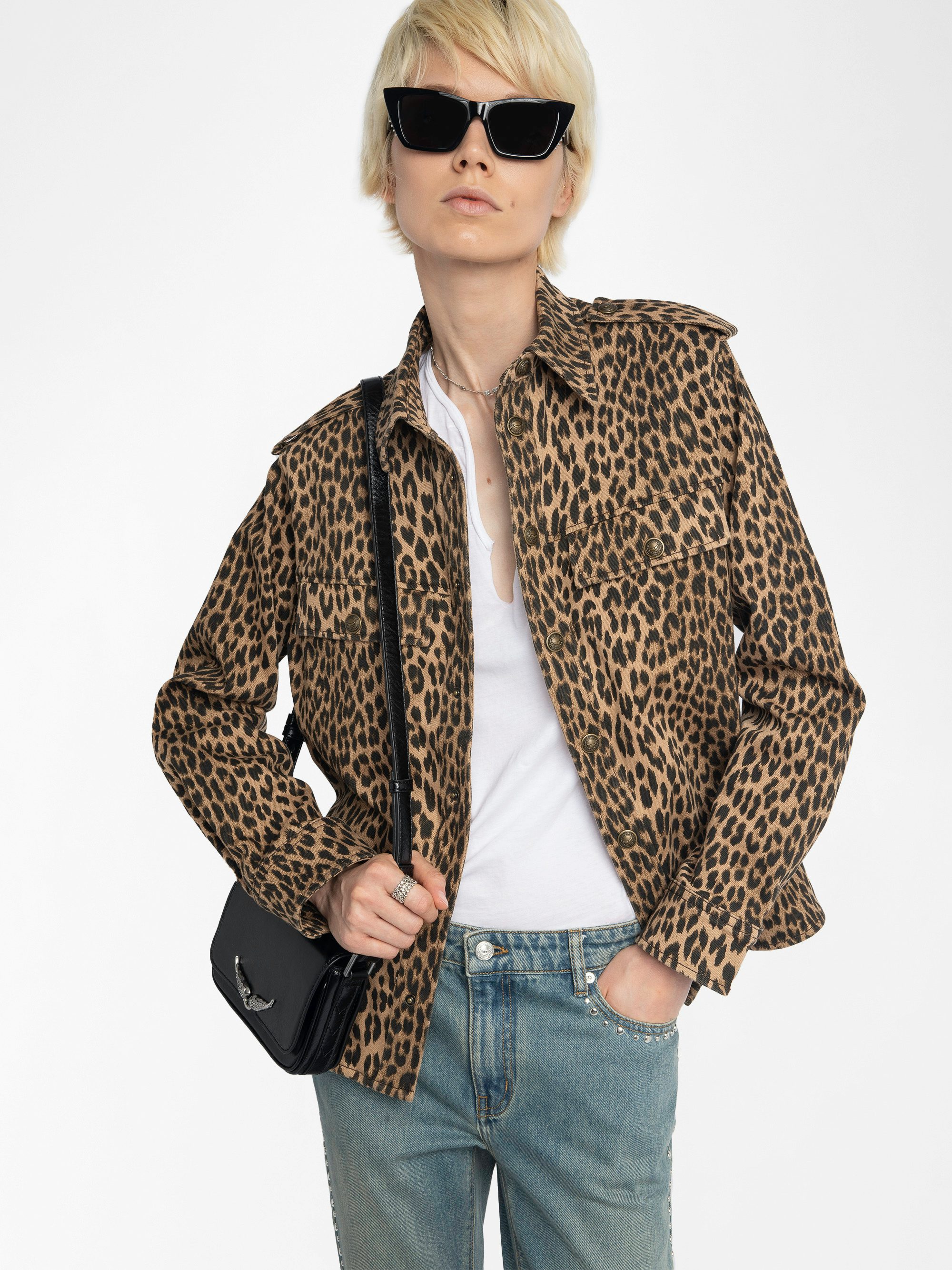 Taskam Denim Overshirt - Military denim shirt with leopard print, long sleeves.